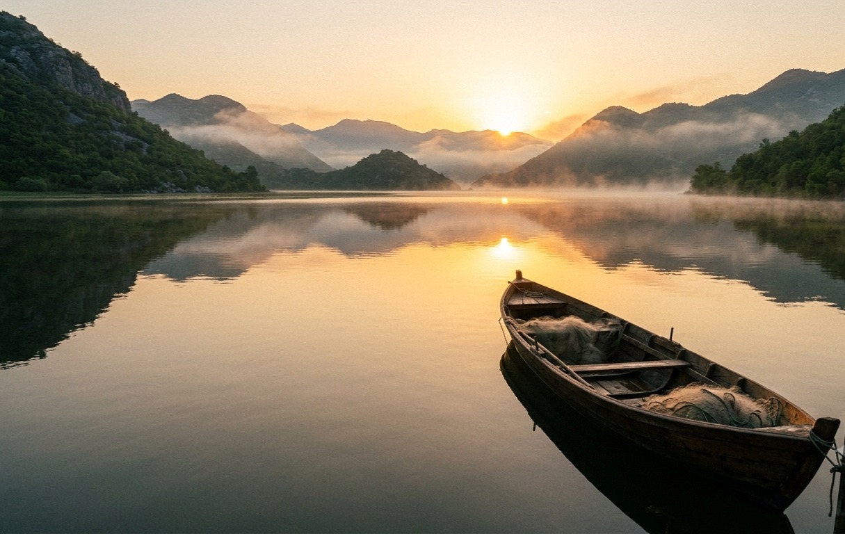 Lake Skadar sunrise wooden boat Montenegro