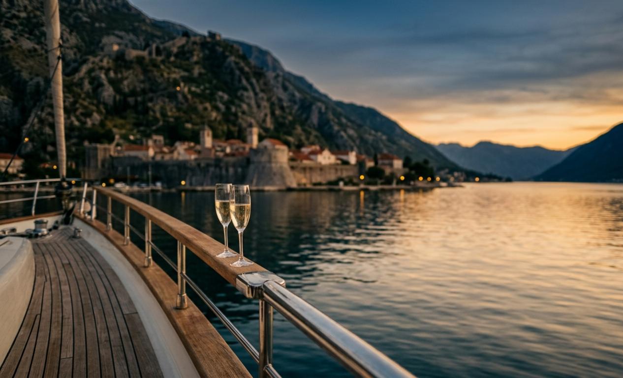 Private yacht Bay of Kotor Montenegro champagne sunset