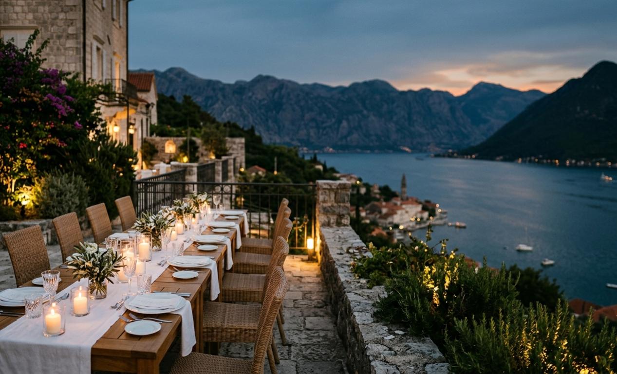 Outdoor dinner terrace Boka Bay Montenegro wedding