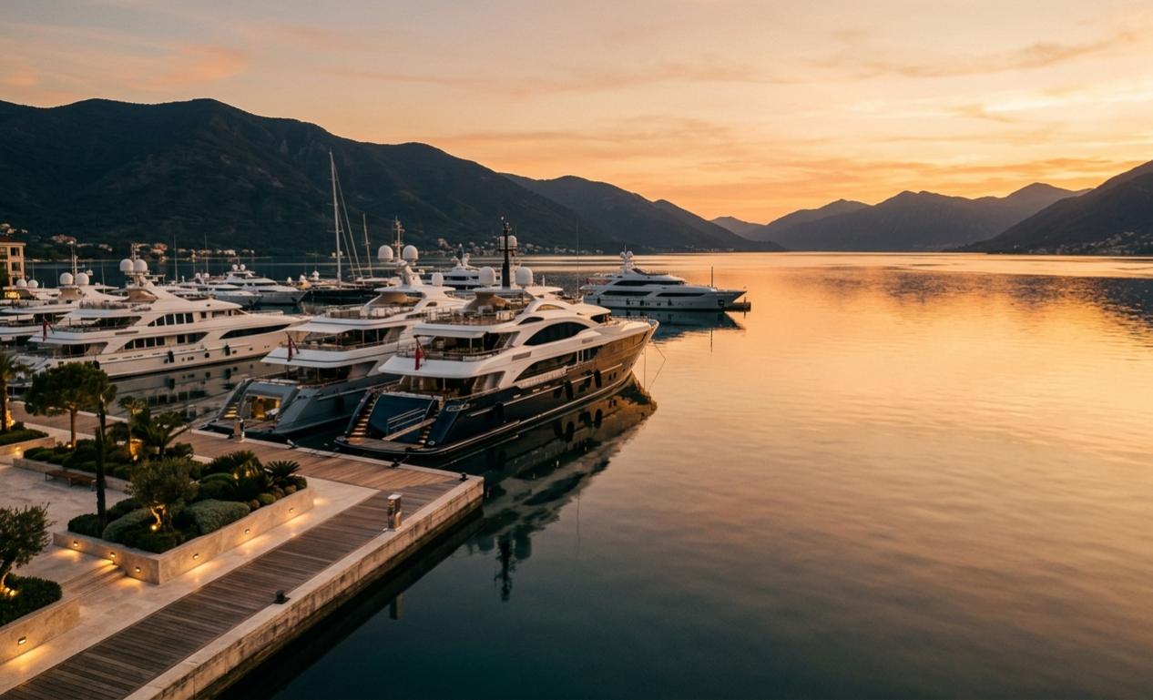 Porto Montenegro marina luxury yachts sunset
